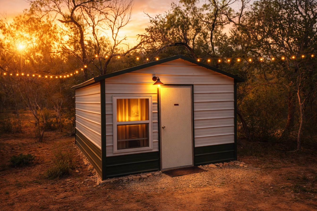 Camp Nackte cabin at golden hour with string lights