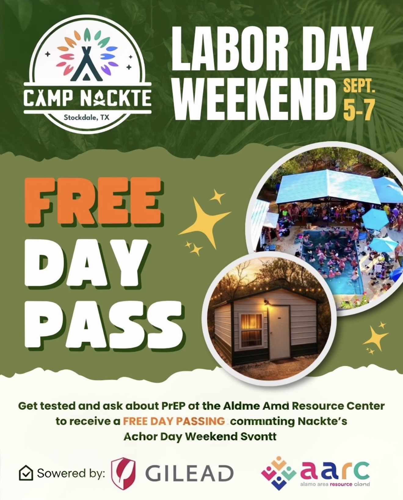 Camp Nackte and Alamo Area Resource Center Labor Day Weekend free day pass promotion
